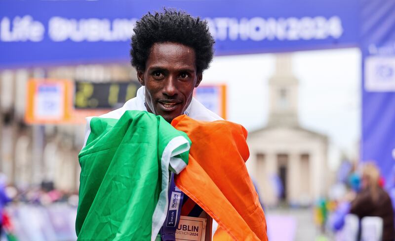 Hiko Tonosa set a new Irish marathon record at  2:09:42 and came third in the 2024 Irish Life Dublin Marathon, Dublin. Photograph:  ©INPHO/Ben Brady