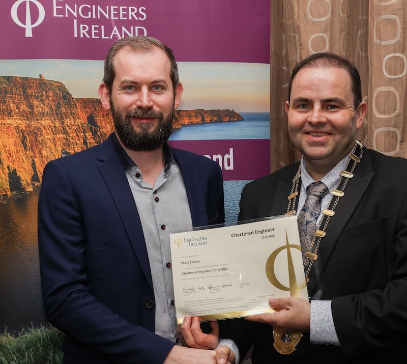 Dr Harty awards the title of Chartered Engineer to Matt Collins at the Thomond region conferring event in Limerick