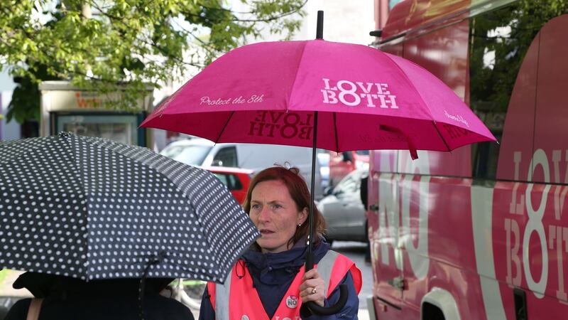 Volunteers canvassing for a No vote at the Love Both rally in Eyre Square in Galway. Photograph: Joe O’Shaughnessy