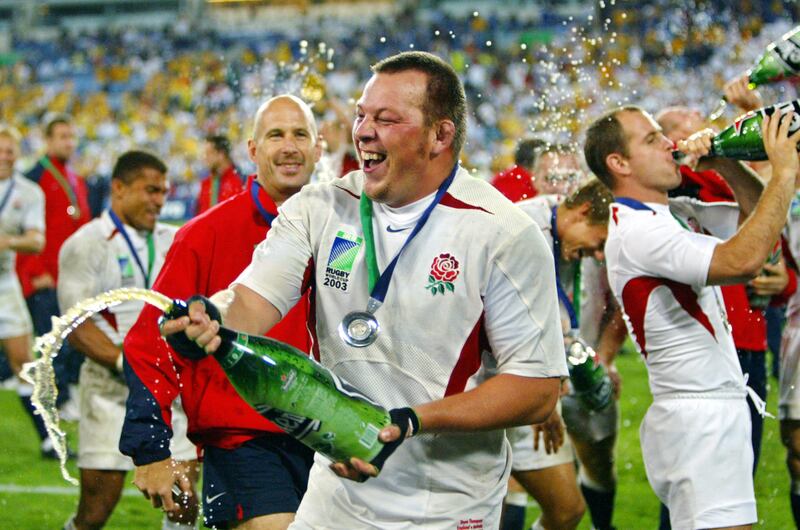 English hooker Steve Thompson celebrates after winning the Rugby World Cup. He has  been diagnosed with early onset dementia and cannot remember anything about the 2003 World Cup. Photograph: Odd Andersen/AFP via Getty Images