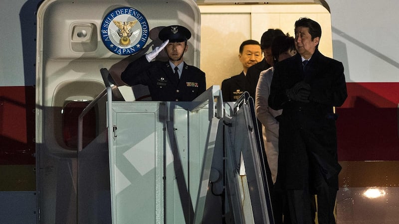 Shinzo Abe: The Japanese prime minister  arrives in Maryland late on Thursday for talks with US president Donald Trump on a new  framework for negotiations on trade, security and other issues. Photograph: Brendan Smialowski/AFP/Getty Images