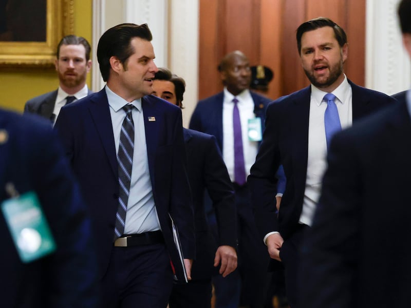 Matt Gaetz (left), president-elect Donald Trump's nominee to be US attorney general, with vice president-elect JD Vance as they arrive for meetings with senators at the US Capitol, Washington DC, on November 20th, 2024. Photograph: Kevin Dietsch/Getty