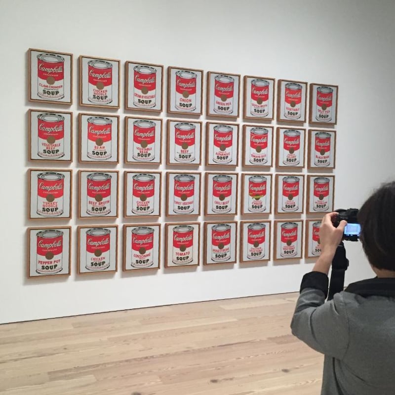 Andy Warhol’s oversized soup cans at the Whitney Museum in New York. Photograph: Thomas Urbain/AFP via Getty Images