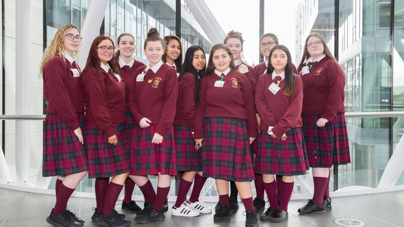 Students from Mercy Secondary School Inchicore in  Dublin are pictured at an education innovation conference organised by the Trinity Access 21 project in Google’s EMEA HQ. Photograph: Paul Sharp/Sharppix