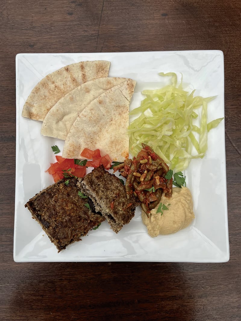 The meat lover’s choice is kibbeh with cabbage salad and hummus