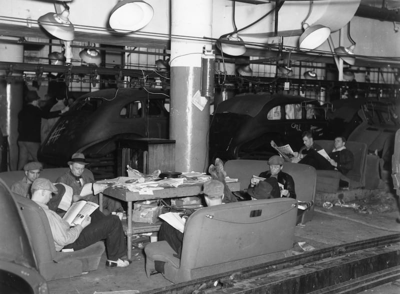 Members of the United Auto Workers Union at a sitdown strike in the General Motors Fisher body plant in Flint, Michigan, in 1937.   Photograph: Sheldon Dick/Getty Images