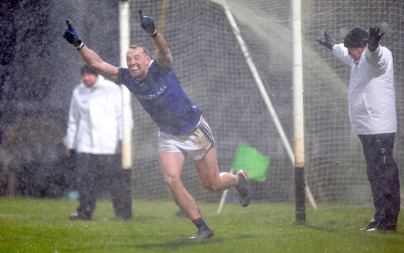 Castlehaven’s Damien Cahalane celebrates the win over Dingle at the final whistle. The Munster final was in the middle of December at the TUS Gaelic Grounds was played in a storm of wind and rain. Photograph: James Crombie/Inpho 