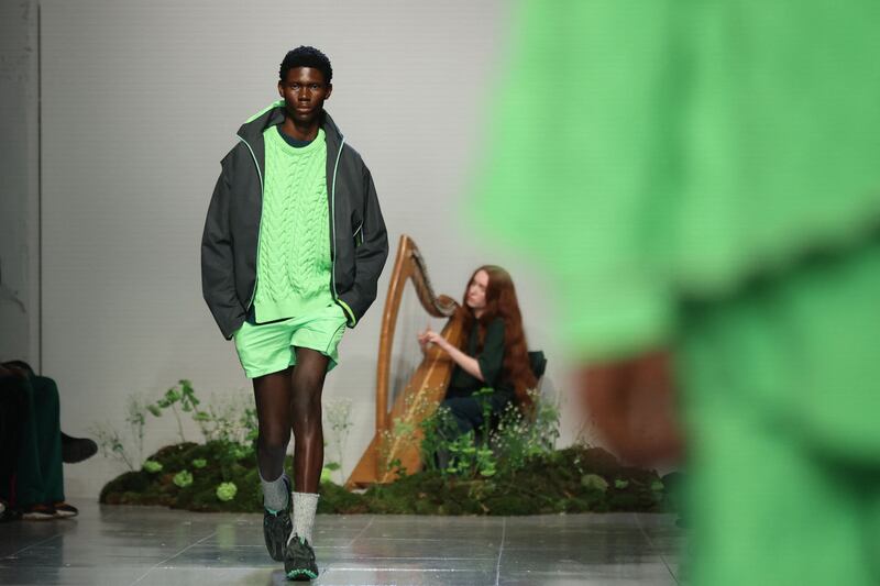 A model presents a creation by Irish designer Robyn Lynch during her 2023 autumn-winter fashion show collection on the second day of the London Fashion Week on Saturday evening. Photograph: Isabel Infantes/AFP/Getty Images