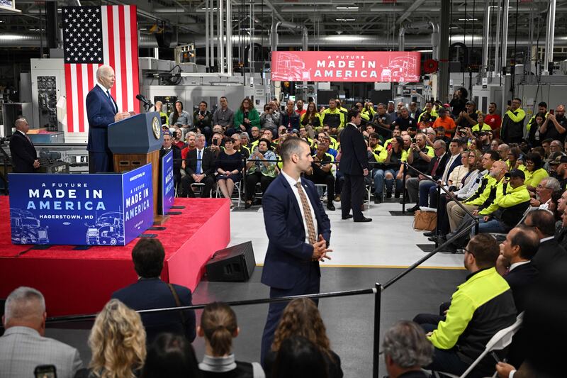 Joe Biden at the Volvo manufacturing plant in Hagerstown, Maryland. Photograph: Mandel Ngan/AFP via Getty Images