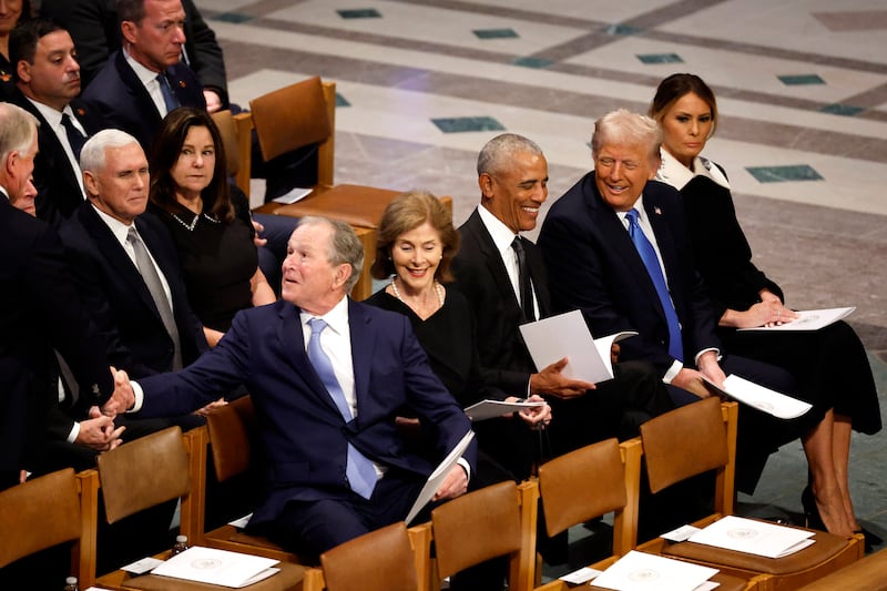 Farewell: Former US president George W Bush, his wife Laura, former president Barack Obama, president-elect Donald Trump and his wife Melania attend the funeral. Photograph: Chip Somodevilla/Getty