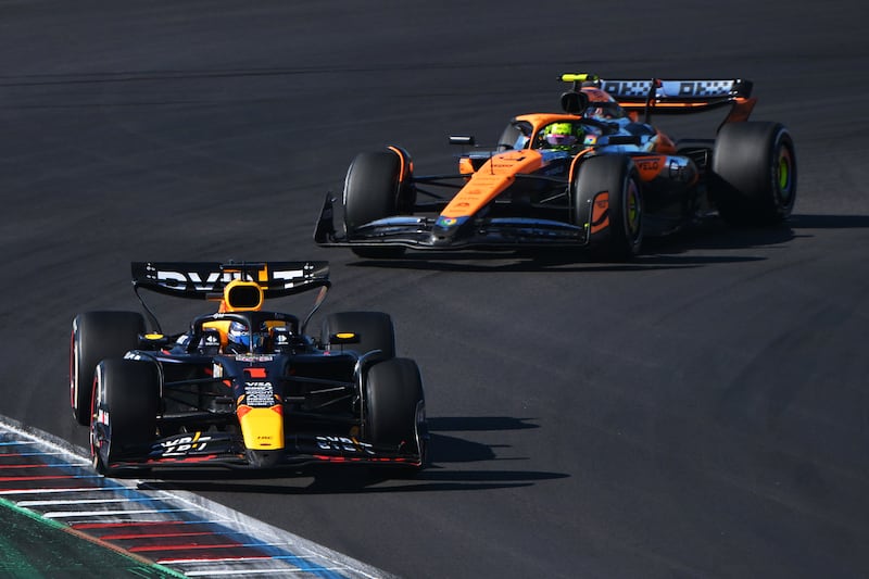 Max Verstappen leads Lando Norris during the US Grand Prix in Austin, Texas. Photograph: Mark Sutton/Getty Images