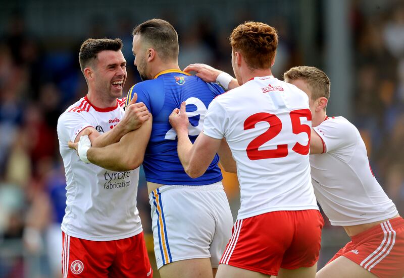 Tempers flair between Tyrone's Darren McCurry and Aidan McElligott of Longford during the All-Ireland qualifier clash in 2019. Photograph: Bryan Keane/Inpho 