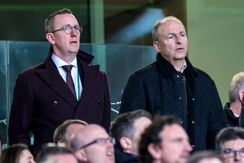 FAI chief executive David Courell and Taoiseach Micheál Martin at the Ireland victory against Bulgaria on Sunday evening. Photograph: Ryan Byrne/Inpho