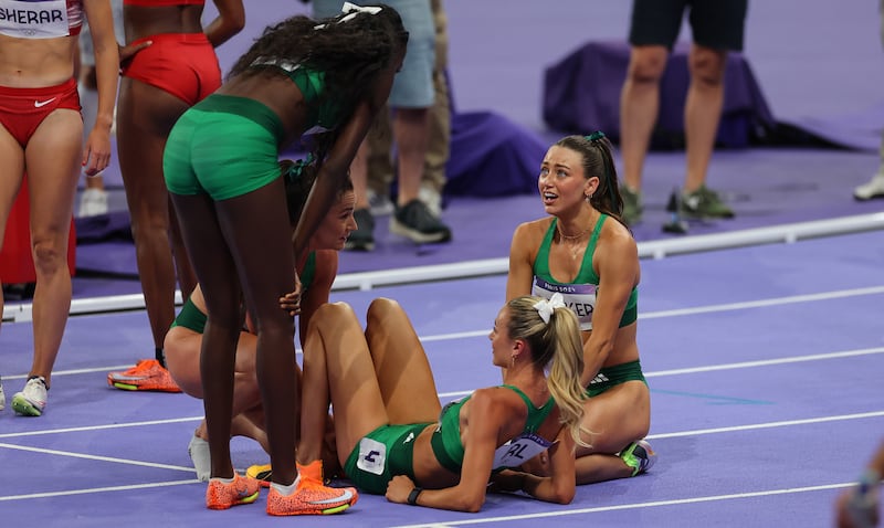 Ireland’s Rhasidat Adeleke, Phil Healy, Sharlene Mawdsley and Sophie Becker after the women’s 4x400m relay final at the 2024 Paris Olympics. Photograph: James Crombie/Inpho