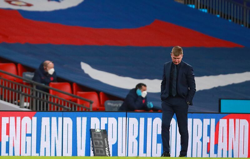 A dejected Stephen Kenny late in a friendly game against England at Wembley Stadium, London, in November 2020. The 3-0 defeat was probably the low  point of his Ireland managerial career. Photograph: Tommy Dickson/Inpho