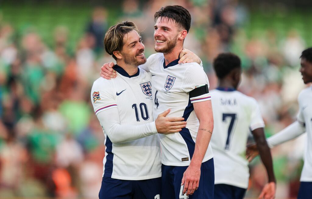 Declan Rice and Jack Grealish celebrate for England against the Republic of Ireland.