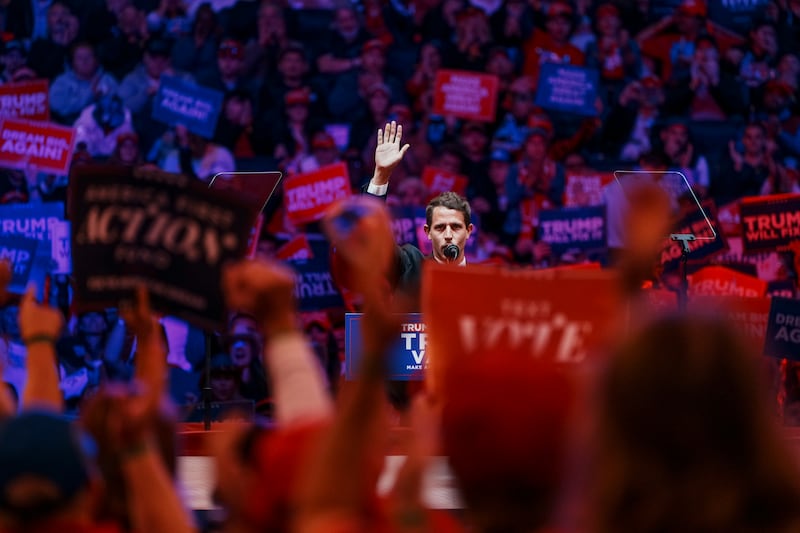 Tony Hinchcliffe at Sunday's campaign rally for Donald Trump, during which he derided Puerto Rico as 'a floating island of garbage' and talked about black people carving watermelons. Photograph: Hiroko Masuike/The New York Times
                      