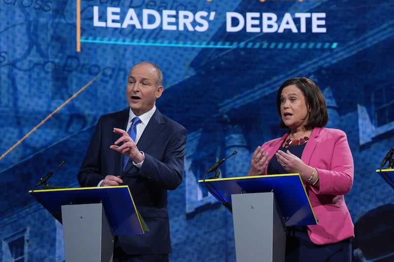 Tanaiste and Fianna Fail Leader Micheal Martin and Sinn Fein leader Mary Lou McDonald during the final TV leaders' debate, at RTE studios in Donnybrook, Dublin. Niall Carson/PA Wire