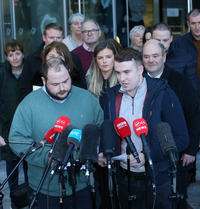 Ashling Murphy's brother Cathal and boyfriend Ryan Casey read their statements outside the court. Photograph: Collins Courts