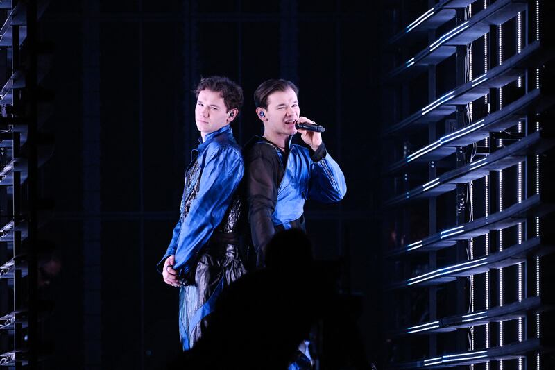 Norwegian duo Marcus and Martinus representing Sweden with the song Unforgettable get the 68th edition of the Eurovision Song Contest underway. Photograph: Jessica Gow/AFP via Getty