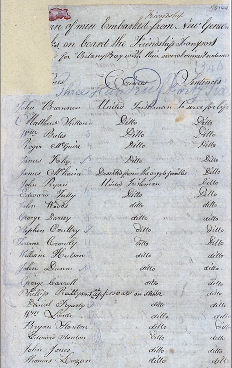 Convict transportation: This is an original surviving convict list that includes the names, crimes, and sentences of 172 male prisoners transported from Cork to Botany Bay on the Friendship in 1799.