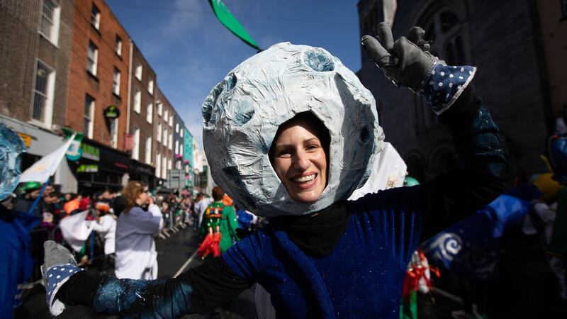 Lumen street theatre “One Giant Leap”, taking part in Limerick’s St Patrick’s Day parade. Photograph: Sean Curtin/True Media