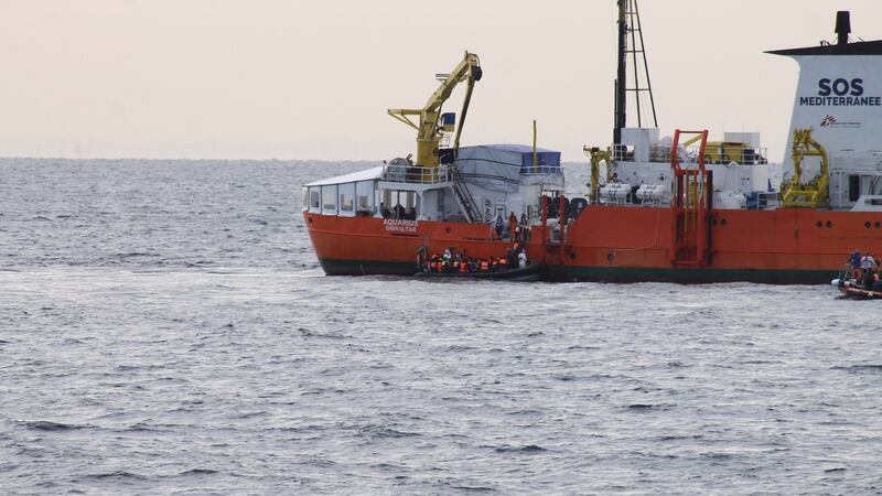 The migrants were transferred from a rubber vessel to the MS Aquarius. Photograph: Irish Defence Forces