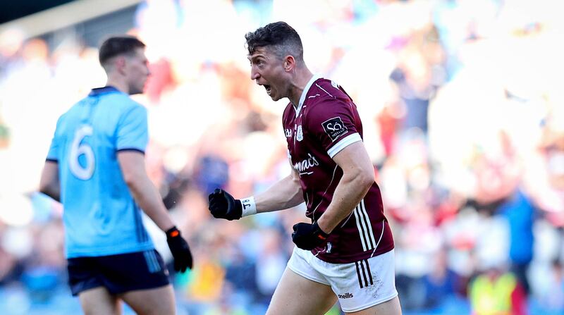 Johnny Heaney celebrates a crucial late point as Galway turned the tables on Dublin with a transformed second-half display. Photograph: Ryan Byrne/Inpho 