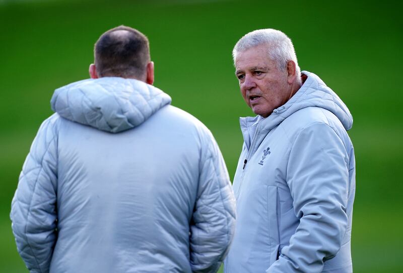 Wales head coach Warren Gatland during a training session at the Vale Resort, Hensol, Pontyclun on Tuesday. Photograph: David Davies/PA