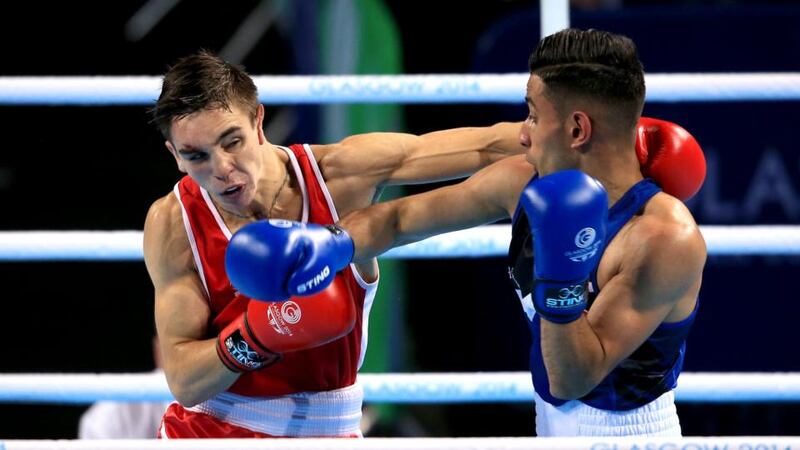 England’s Qais Ashfaq (right) and Northern Ireland’s Michael Conlan during the Men’s Bantam (56kg) Final in Glasgow.  Photo Peter Byrne/PA Wire.