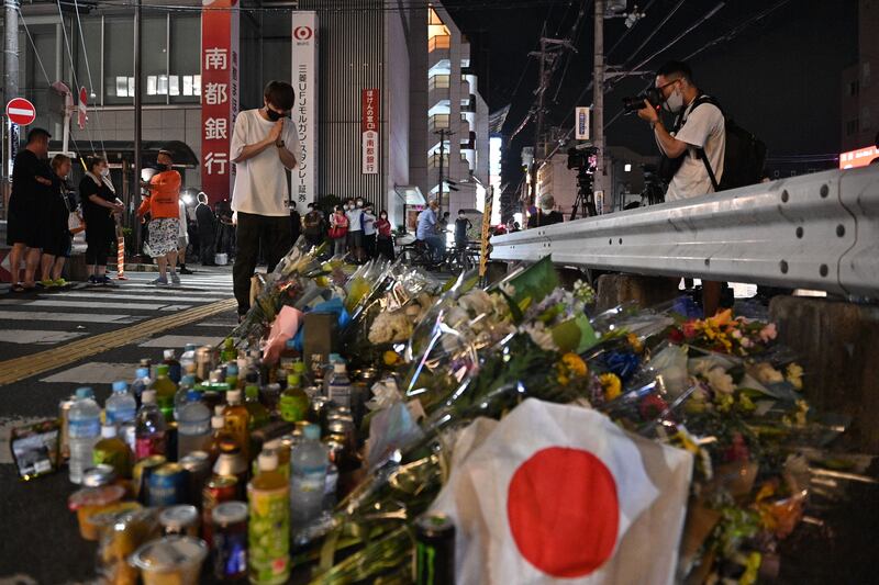 A makeshift memorial outside Yamato-Saidaiji station, where former Japanese prime minister Shinzo Abe was shot. Photograph: Philip Fong/AFP