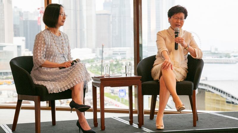 managing partner at EY Hong Kong  Agnes Chan with chief executive of Hong Kong Carrie Lam. Photograph: Richie Stokes