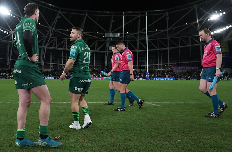 Connacht’s Mack Hansen and Caolin Blade after the controversial game at the Aviva. Photograph: James Crombie/Inpho