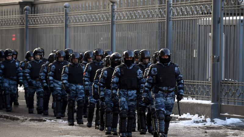 Law enforcement officers  outside the Moscow city court during the trial of  opposition leader Alexei Navalny on Tuesday. Photograph: Natalia Kolesnikova/AFP via Getty Images