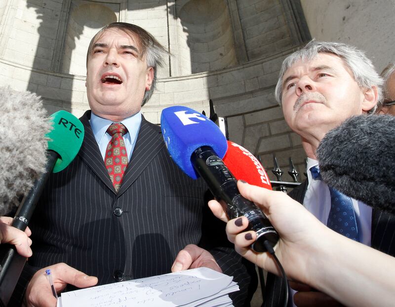 Ian Bailey speaking to the media after leaving court with his solicitor, Frank Buttimer. Photograph: Collins Courts