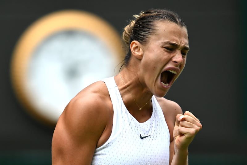 Aryna Sabalenka celebrates her vicotry over Madison Keys of the USA in the women's singles quarter-final at Wimbledon. Photograph: Shaun Botterill/Getty Images