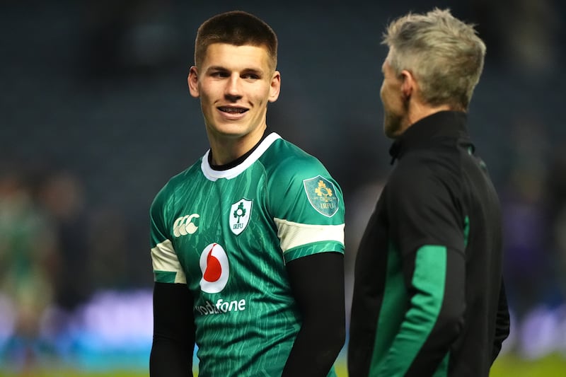 Ireland puthalf Sam Prendergast with head coach Simon Easterby after Sunday's win over Scotland. Photograph: Andrew Milligan/PA