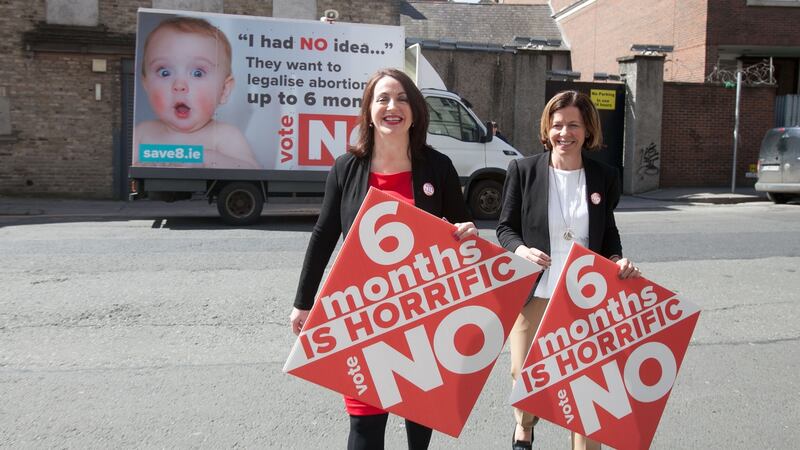 Niamh Uí Bhriain and Mairéad Hughes during a Save the 8th press conference in Dublin. Photograph: Gareth Chaney/Collins