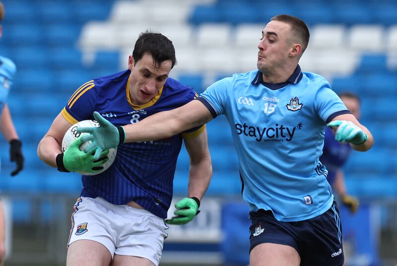 Longford's Darren Gallagher and Sean Lowry of Dublin in the O'Byrne Cup final at O'Moore Park, Laois. Photograph: Lorraine O’Sullivan/Inpho