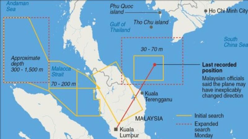 A graphic showing the expected flight path and the areas being searched.