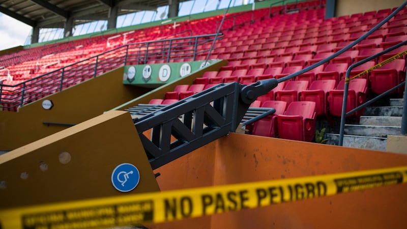 Hurricane damage at Pedro Montanez Municipal Stadium, the home of the Cayey Toritos, which remains closed. Photograph: Dennis M Rivera Pichardo/The New York Times