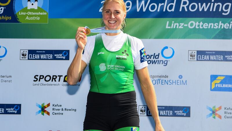 Sanita Puspure after winning her  golf medal at the World Rowing Championships in Austria back in September. Photograph: Detlev Seyb/Inpho