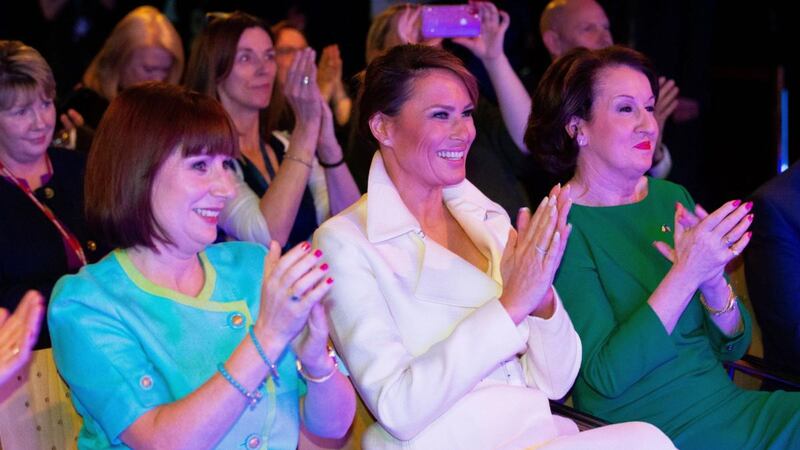 US first lady Melania Trump (centre) attended an Irish cultural showcase at Shannon Airport while US president Donald Trump and Taoiseach Leo Varadkar held a  meeting.  Photograph: Pool/Getty Images.