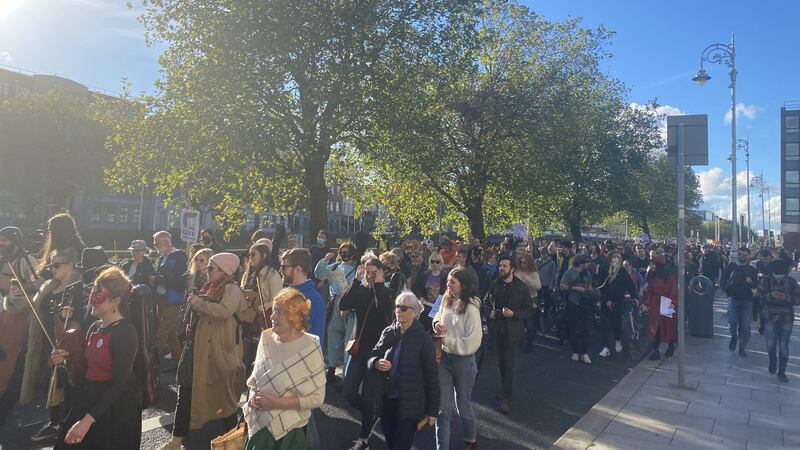 Hundreds marched through Dublin on Saturday over the proposed plans to develop a hotel around the Cobblestone pub in Smithfield. Photograph: Sorcha Pollak