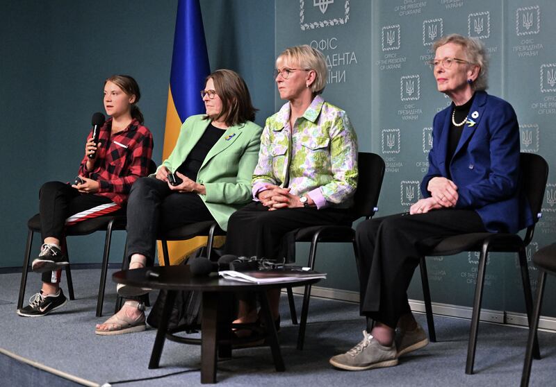 (From L) Swedish environmental activist Greta Thunberg,  European Parliament vice-president Heidi Hautala, former deputy prime minister of Sweden Margot Wallstrom and Mary Robinson, ex-President of Ireland and former UN High Commissioner for Human Rights, attend a press briefing in Kyiv. Photograh: Sergei Supinsky/AFP