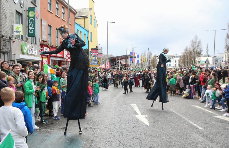 Macnas stilt walkers taking part at the St Patrick’s Day Parade in Galway City. Photograph: Joe O’Shaughnessy