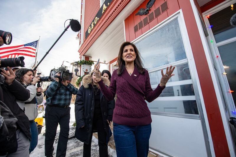 Former UN ambassador and 2024 Republican presidential hopeful Nikki Haley after speaking at Robie's Country Store in Hooksett, New Hampshire, on Thursday. Photograph: by Joseph Prezioso/AFP via Getty Images