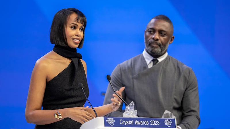 Sabrine Dhowre and Elba at Cop 26 in Scotland, the UN climate change conference. Photograph: Fabrice Coffrini/AFP/Getty Images