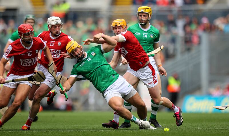 Limerick’s Tom Morrissey and Seamus Harnedy of Cork in the All-Ireland SHC semi-final in Croke Park on July 7th, 2024. Photograph: Ryan Byrne/Inpho