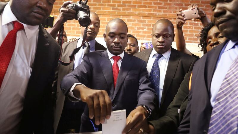 Oppostion   leader Nelson Chamisa casts his ballot in Zimbabwe’s  general election in Harare on Monday. Photograph: Mike Hutchings/Reuters